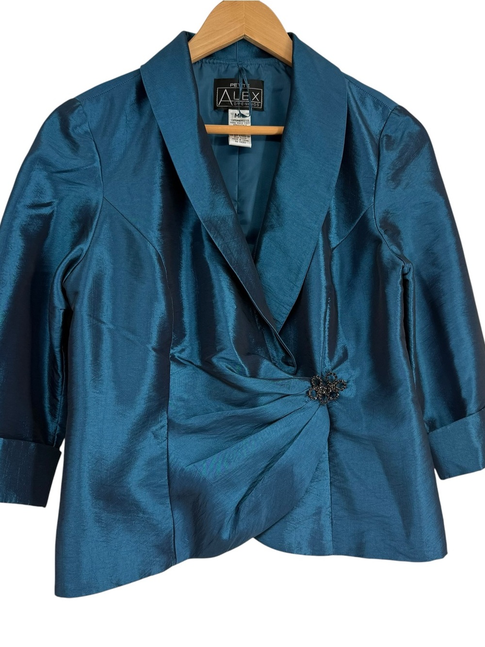 Alex Evenings Jacket Blue Size MP Satin Formal Party Wedding Collared Clasp